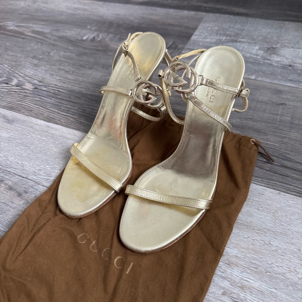 Vintage authentic Gucci GG logo metallic gold strappy heeled sandals
